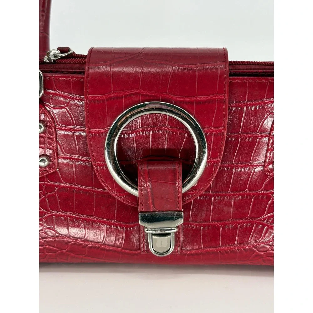 Vintage Red Faux Crocodile Shoulder Bag Baguette Purse Satchel Studded 90s Y2K